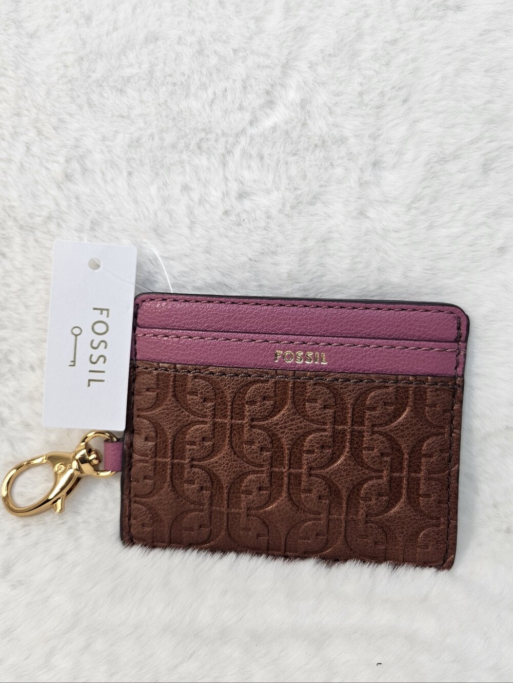 Fossil Pink and Brown Embossed Card Holder with Gold Key Clip